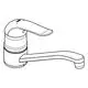 Grohe Wasserhahn mit einer langen, geschwungenen Auslaufbrause und einer ergonomischen Bedienungsknopfoberfläche. Das Design ist schlicht und funktional.