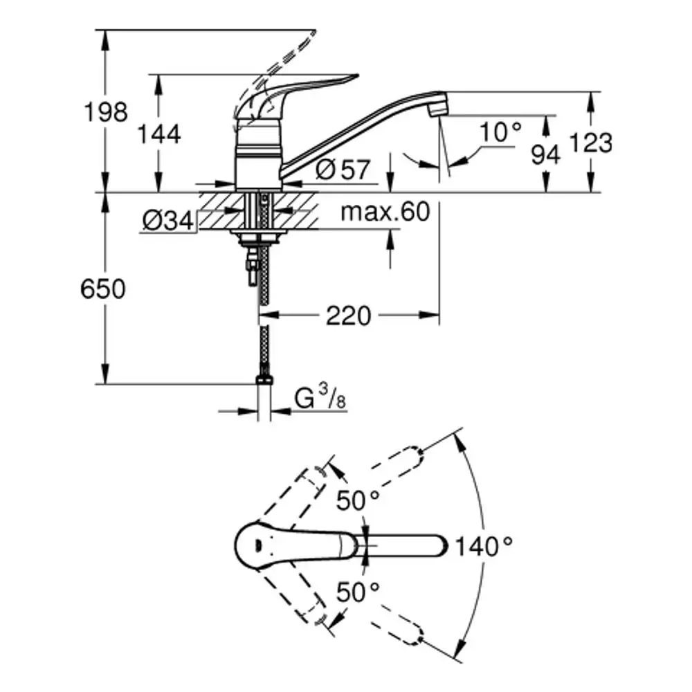 Küchenarmatur von Grohe mit einem Hebel, möglicher Temperaturbegrenzer und verschiedenen Bewegungsspielräumen, abgebildet in technischen Zeichnungen mit Maßangaben.