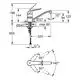 Küchenarmatur von Grohe mit einem Hebel, möglicher Temperaturbegrenzer und verschiedenen Bewegungsspielräumen, abgebildet in technischen Zeichnungen mit Maßangaben.