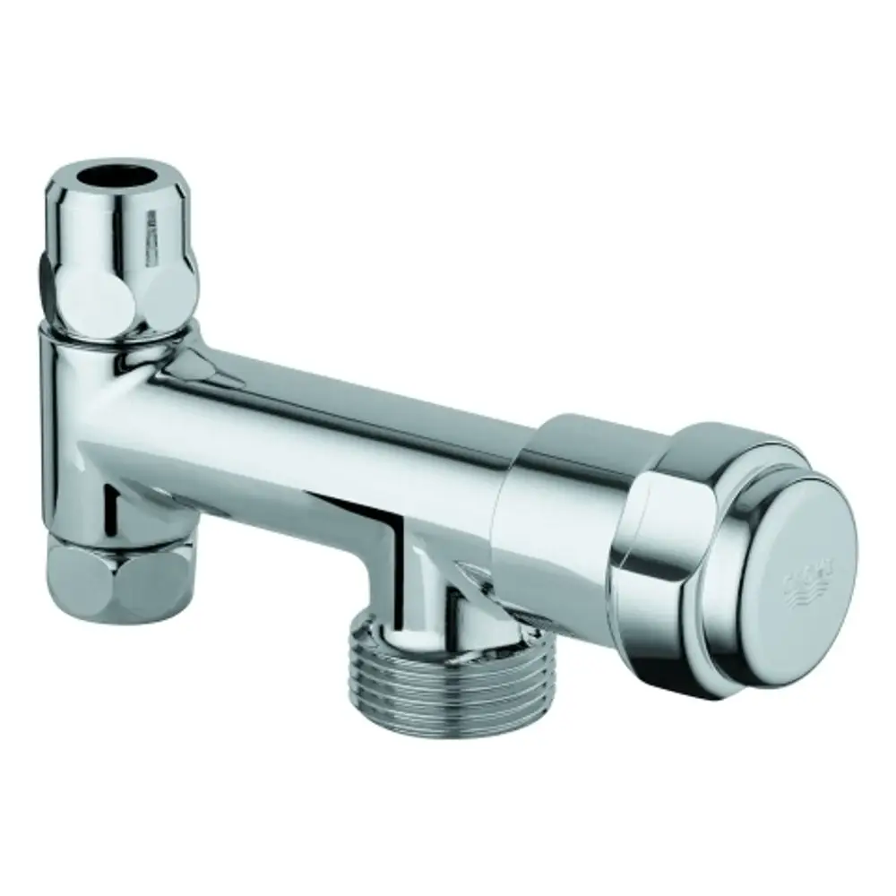 Chromatisches Eckventil von Grohe mit zwei Anschlussmöglichkeiten und einem speziellen Ventildeckel. Das Design ist funktional und robust.