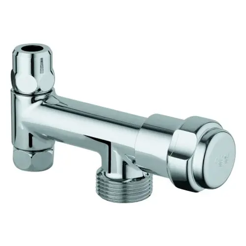 Chromatisches Eckventil von Grohe mit zwei Anschlussmöglichkeiten und einem speziellen Ventildeckel. Das Design ist funktional und robust.