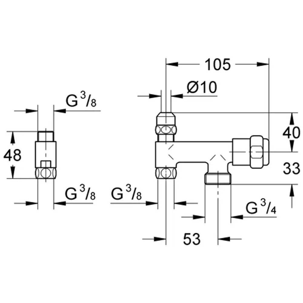 GROHE Was-Ventil mit zwei G3/8-Anschlüssen und einem G3/4-Anschluss, in chrom, zur Anwendung in Sanitärinstallationen. Zeichnung mit Maßen und technischen Details.