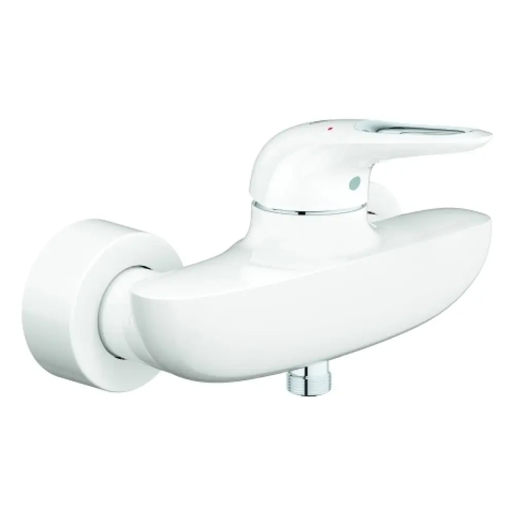 Einhand-Brausebatterie in moon white/chrom mit Wandmontage von Grohe. Sie hat einen geschwungenen Griff und ist für die Dusche konzipiert.