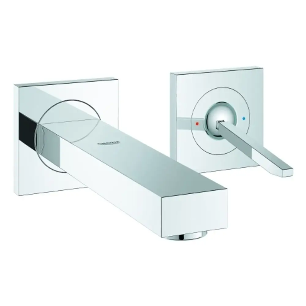 Wandmontierte Grohe Armatur mit quadratischem Design, bestehend aus einem Auslauf und einem Drehgriff zur Temperatur- und Wassermengenregulierung, in glänzendem Chrom.
