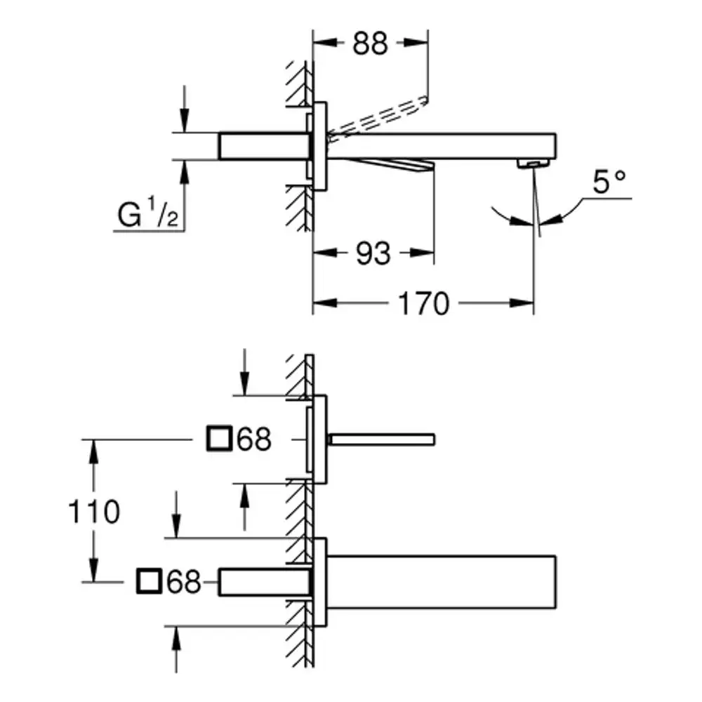 Technische Zeichnung eines Wandbatteries von Grohe, mit verschiedenen Maßen und Details zur Installation, einschließlich der Ausladung und Montagepunkte.