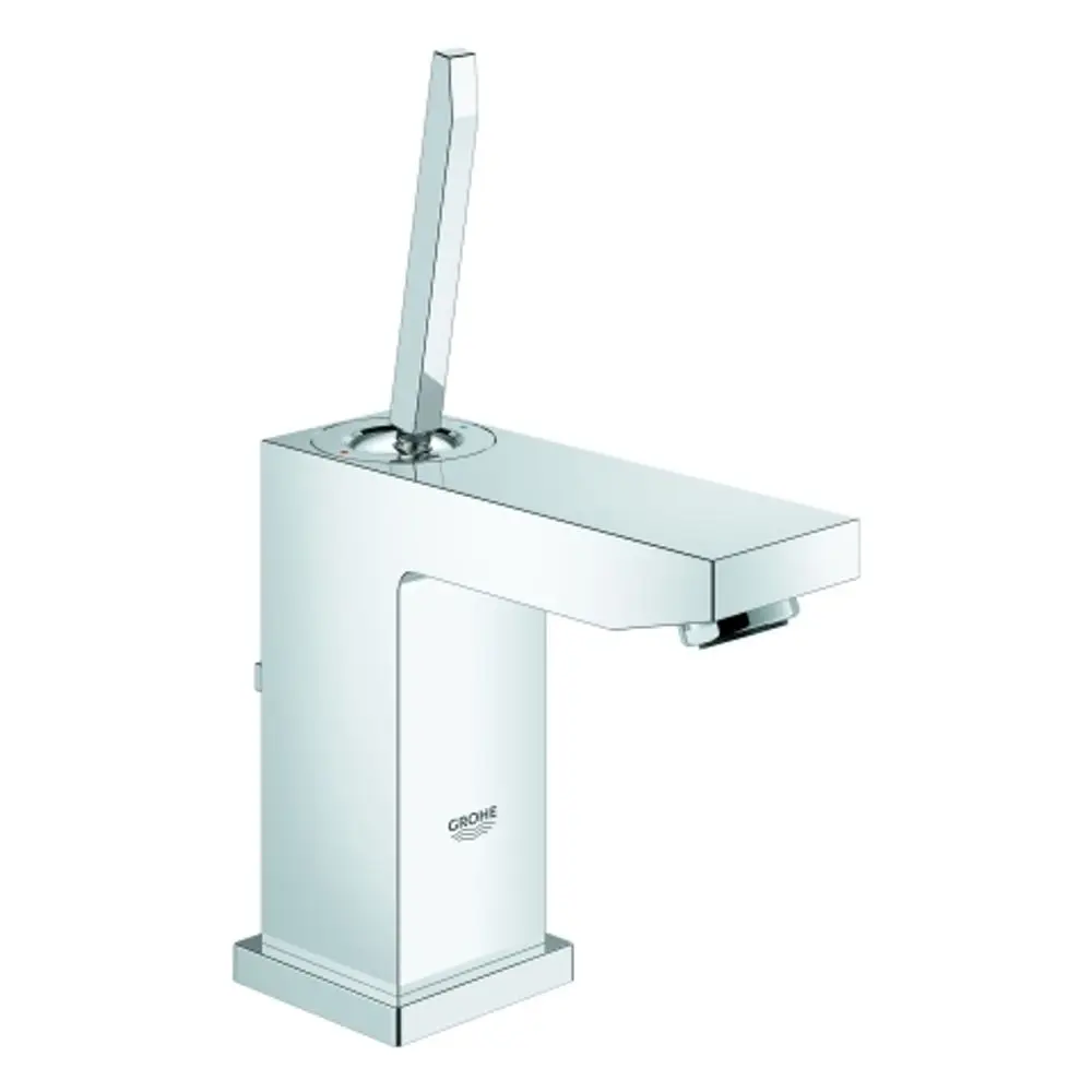 Chromfarbene Mischbatterie von Grohe mit einem langen, flachen Hebel und rechteckiger Grundform. Der Wasserfluss erfolgt an der Frontseite.