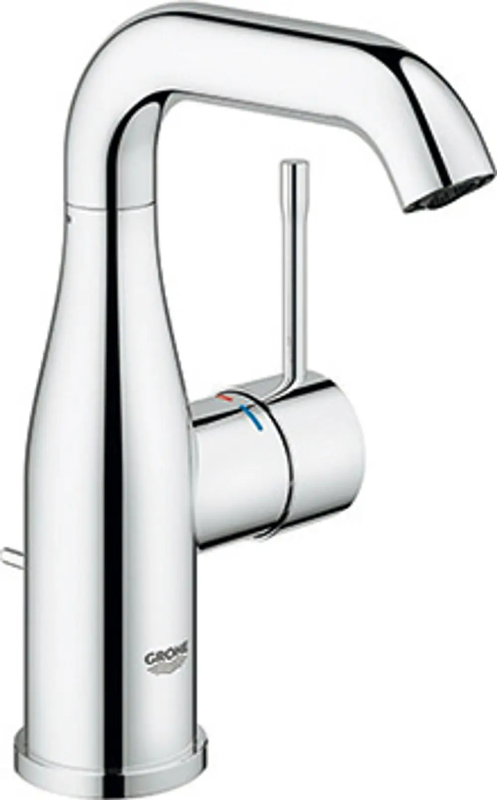 Ein verchromter Wasserhahn von Grohe mit schwenkbarem Auslauf und einer Einhebelbedienung zur Steuerung von Warm- und Kaltwasser.