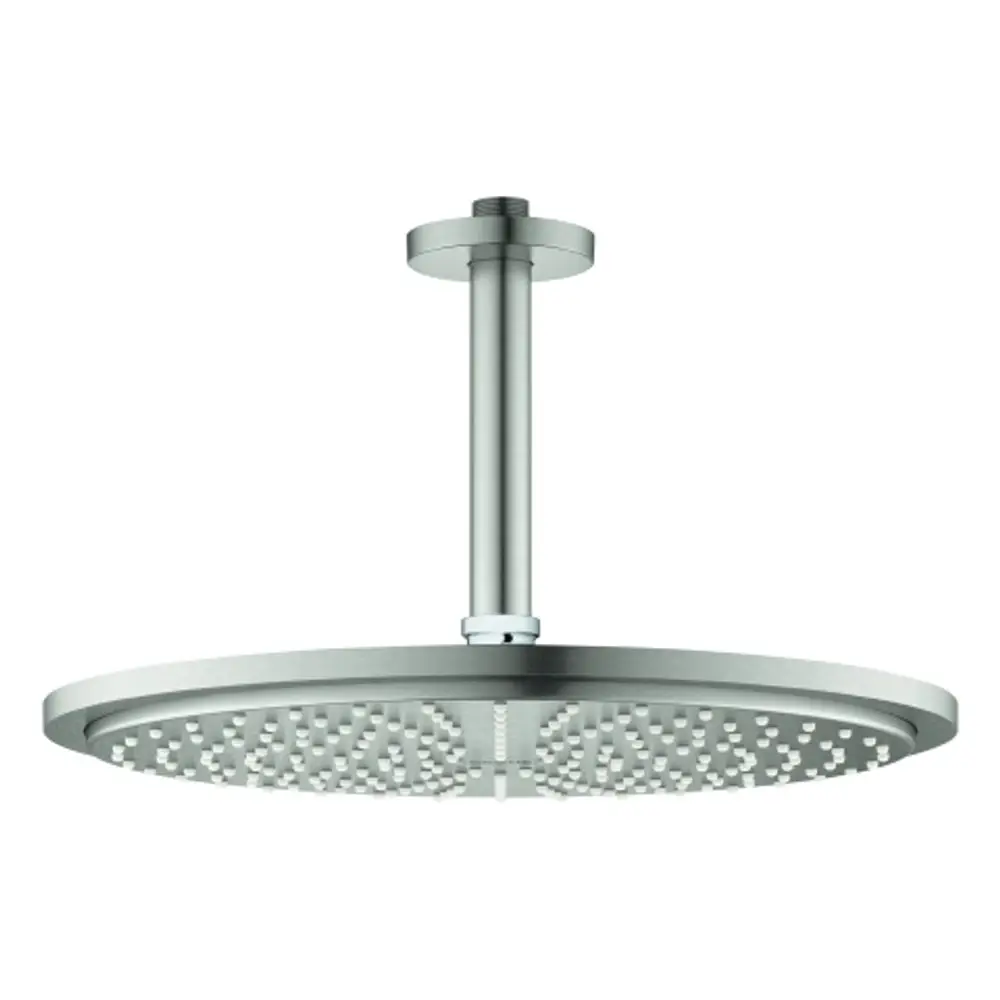 Duschkopf von Grohe mit runder Kopfbrause und mehreren Wasserstrahlen, montiert an einer vertikalen Stange. Ausführung in Edelstahloptik.