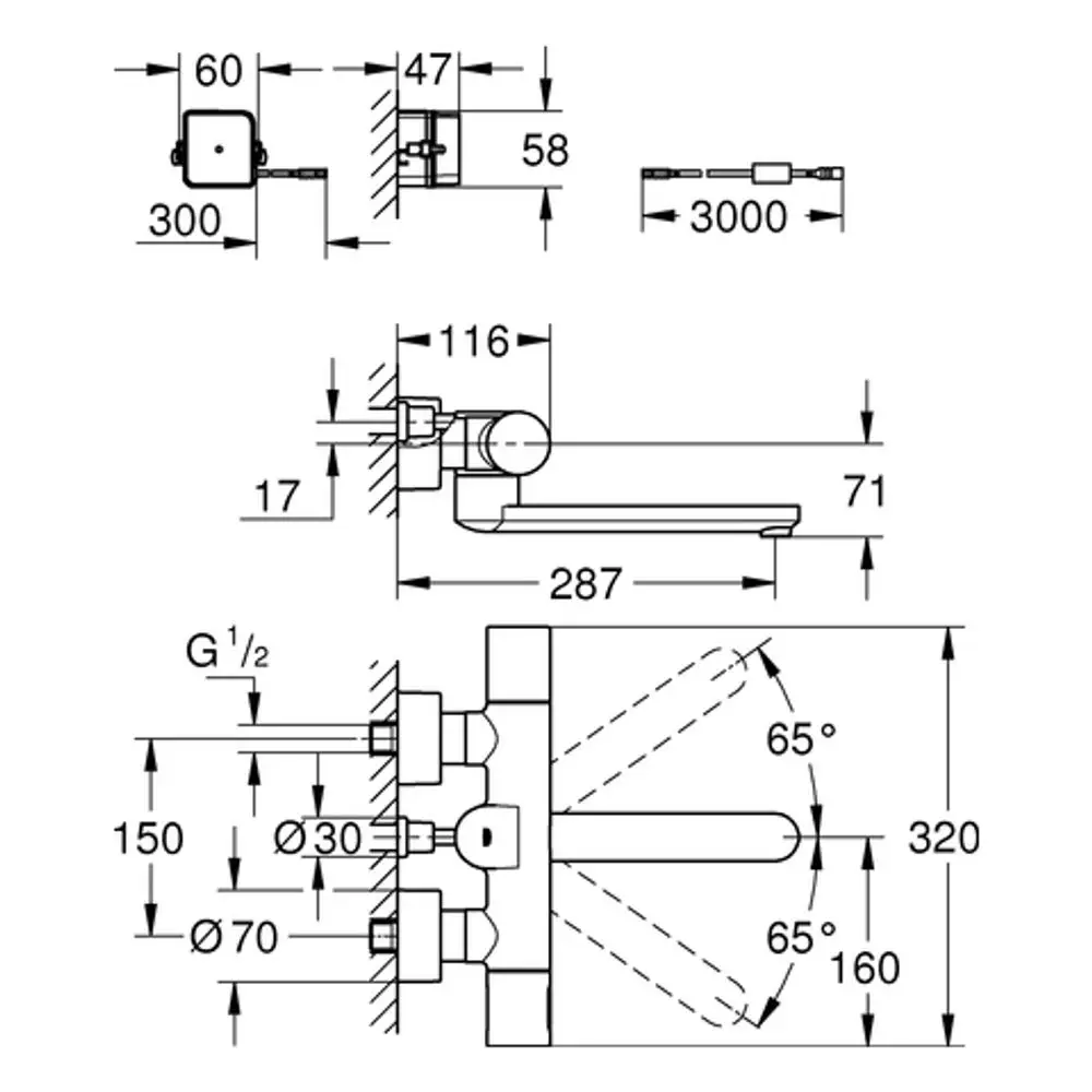 GROHE-Wandarmatur mit Infrarot-Elektronik. Zeichnung zeigt Maße, Anschlussmöglichkeiten und Bewegungsbereich. Ausführung in Chrom für Wandmontage.