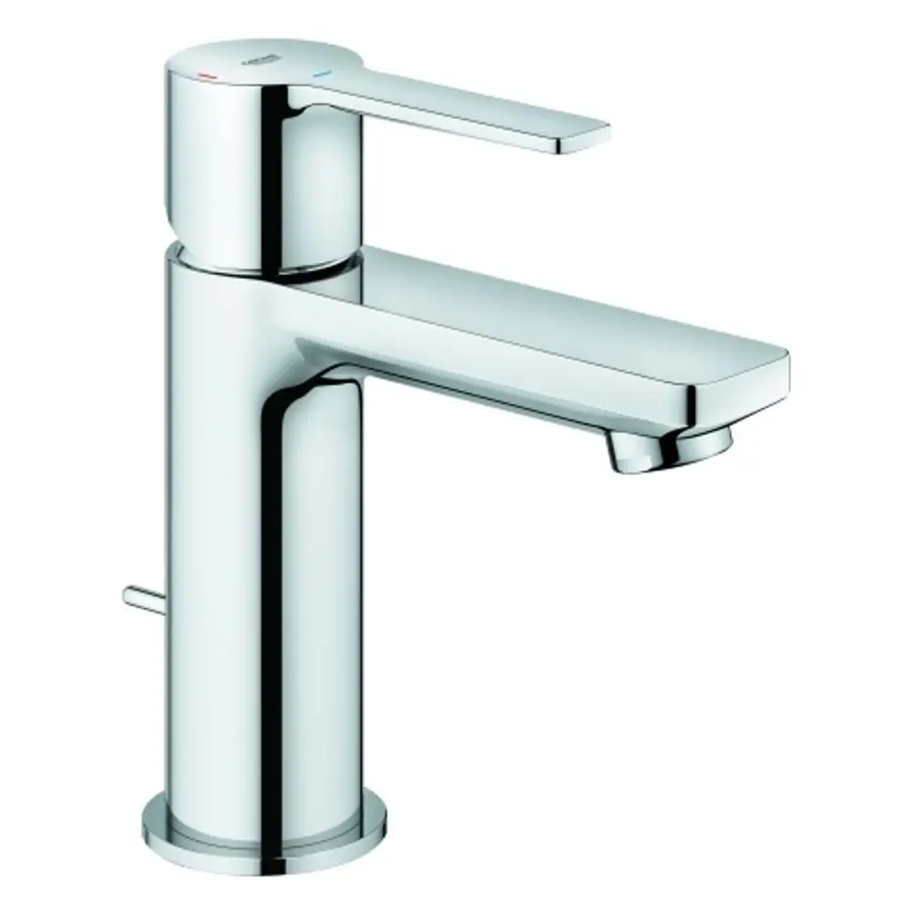 Chromfarbene Mischbatterie von Grohe mit flachem Auslauf und seitlichem Hebel zur Temperatur- und Wassermengenregulierung. Modernes Design ohne erkennbare Maße.