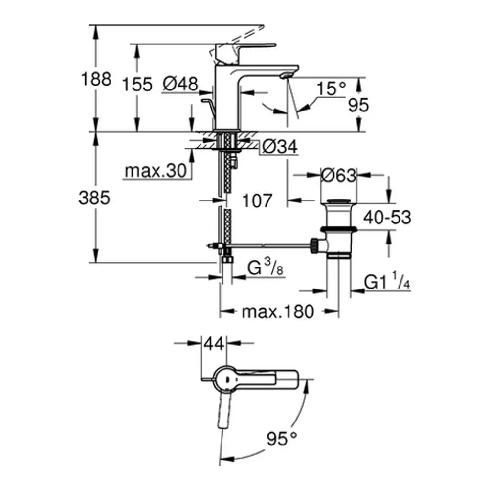 GROHE Armatur mit Hebelgriff und verchromter Oberfläche. Technische Zeichnung zeigt Maße und Anschlüsse für die Montage.