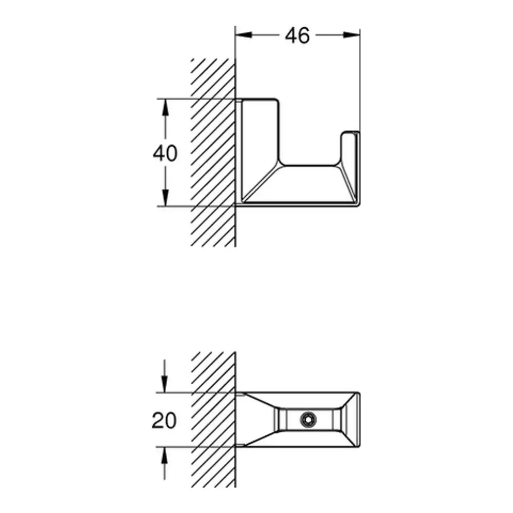 GROHE Bademantelhaken in chrom, zeigt eine Wandmontage mit klaren Linien und einem rechteckigen Profil, geeignet für Badezimmeranwendungen.