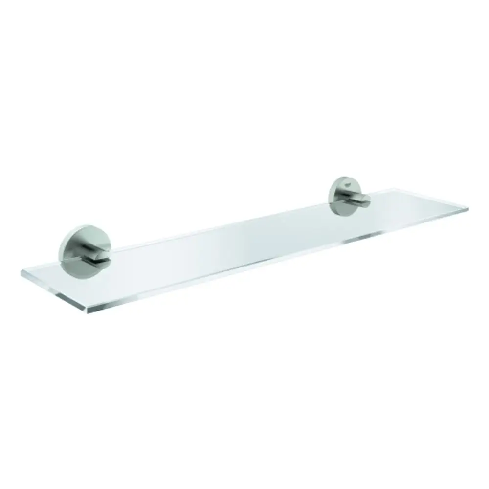 Glasablage mit runden Metallhaltern in Supersteel-Finish. Sie befindet sich vor einem neutralen Hintergrund und zeigt eine moderne, minimalistische Gestaltung von Grohe.