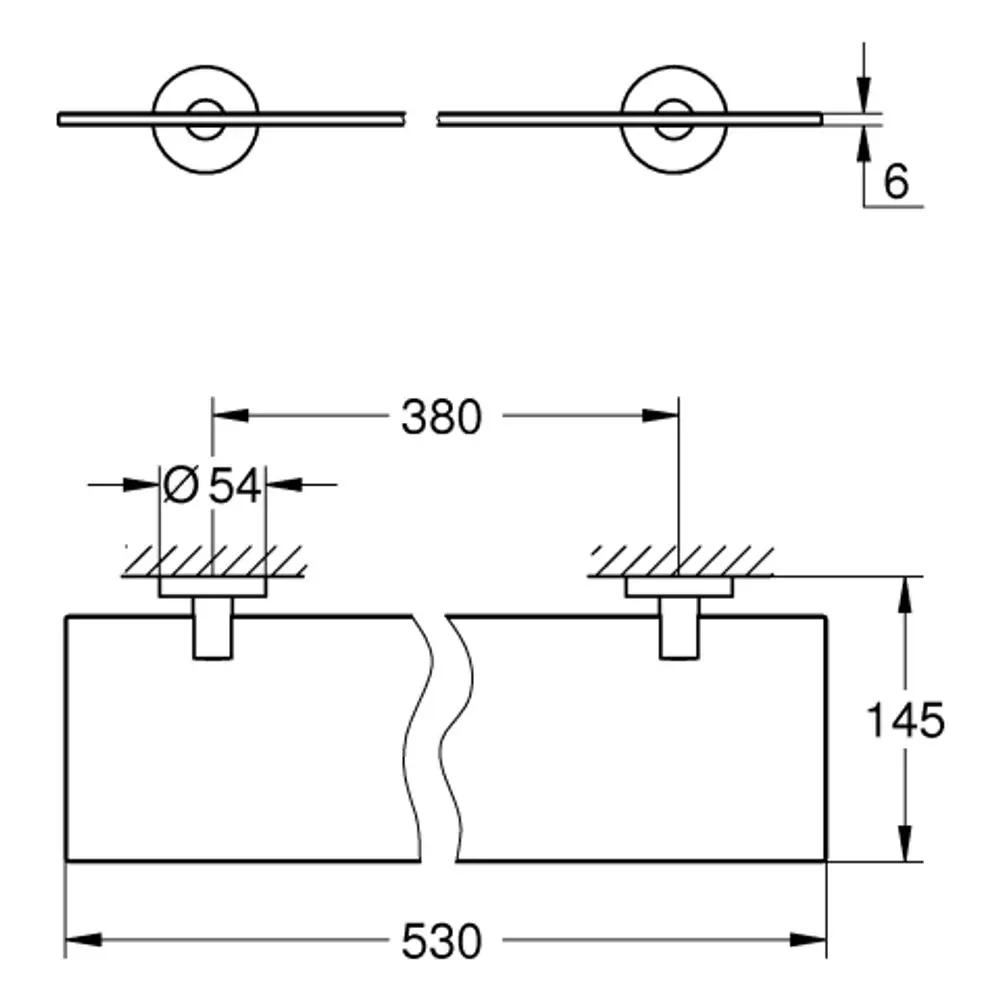 Zwei metallene Halterungen mit Durchmesser 54 mm, verbunden durch eine Glasplatte, mit oben abgebildetem Profil. Designelement von Grohe.