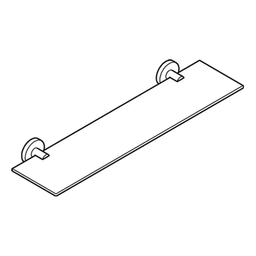 GROHE Ablage aus Glas mit Metallhalterungen in supersteel-Optik, montiert an zwei runden Wandbefestigungen.