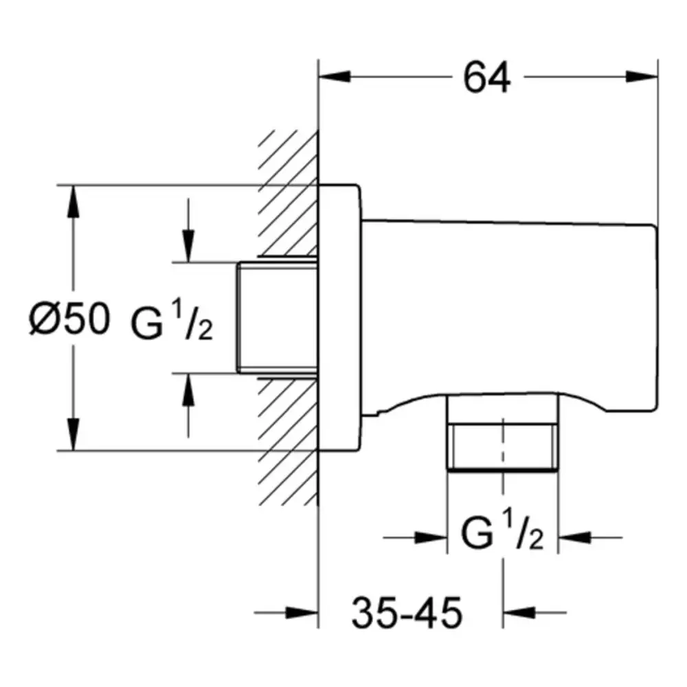 GROHE Wandanschlussbogen mit Durchmesser 50 mm und G 1/2"-Anschluss, gezeigt in Seitenansicht mit Maßangaben. Geeignet für Wandmontage.