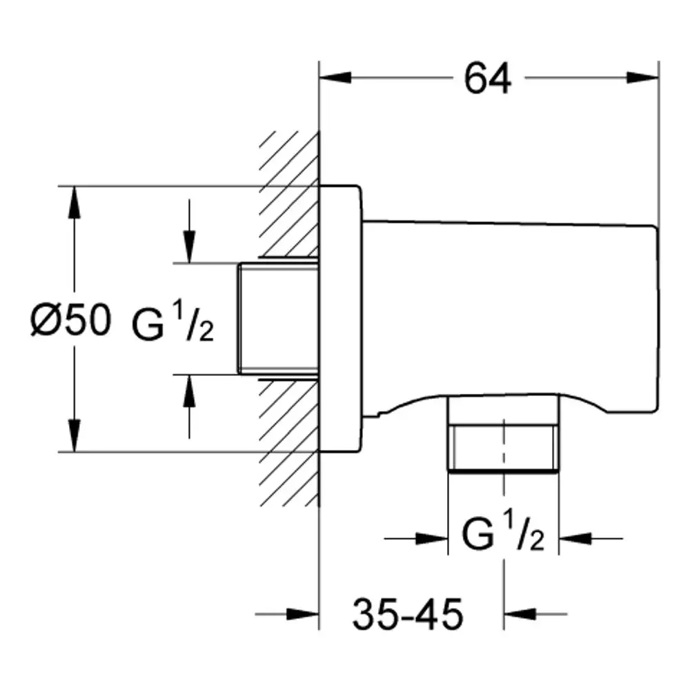 Wandanschlussbogen von Grohe, mit einem Durchmesser von 50 mm und Gewindeanschluss G 1/2, dargestellte Maße in der technischen Zeichnung.