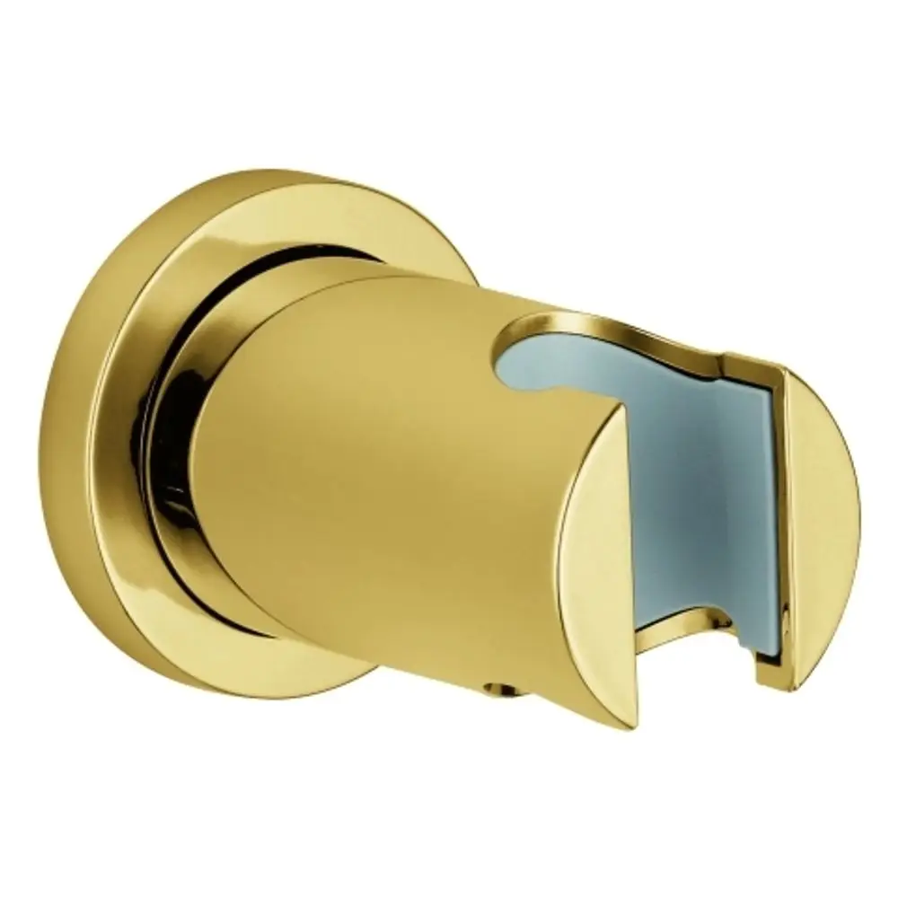 Wandhalterung von Grohe in glänzendem Gold für eine Brause, mit rundem Rosettendesign und einem säulenförmigen Halter, der an der Wand montiert ist.