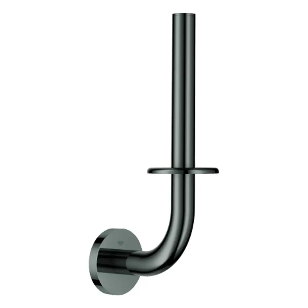 GROHE Papierhalter in Hard Graphite für Wandmontage, mit einem schlanken, gebogenen Design und einer runden Halterung, die an einer glatten Wand befestigt ist.