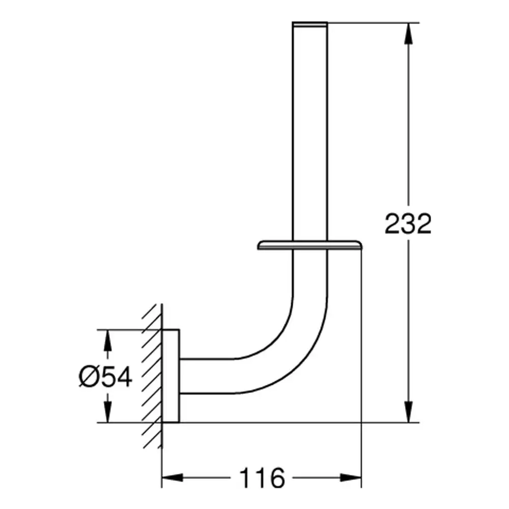 Wandmontierter Halter aus Metall, grafitfarben, mit gebogenem Rohr und flacher Montageplatte. Produkt von Grohe zur einfachen Installation von Toilettenpapier.