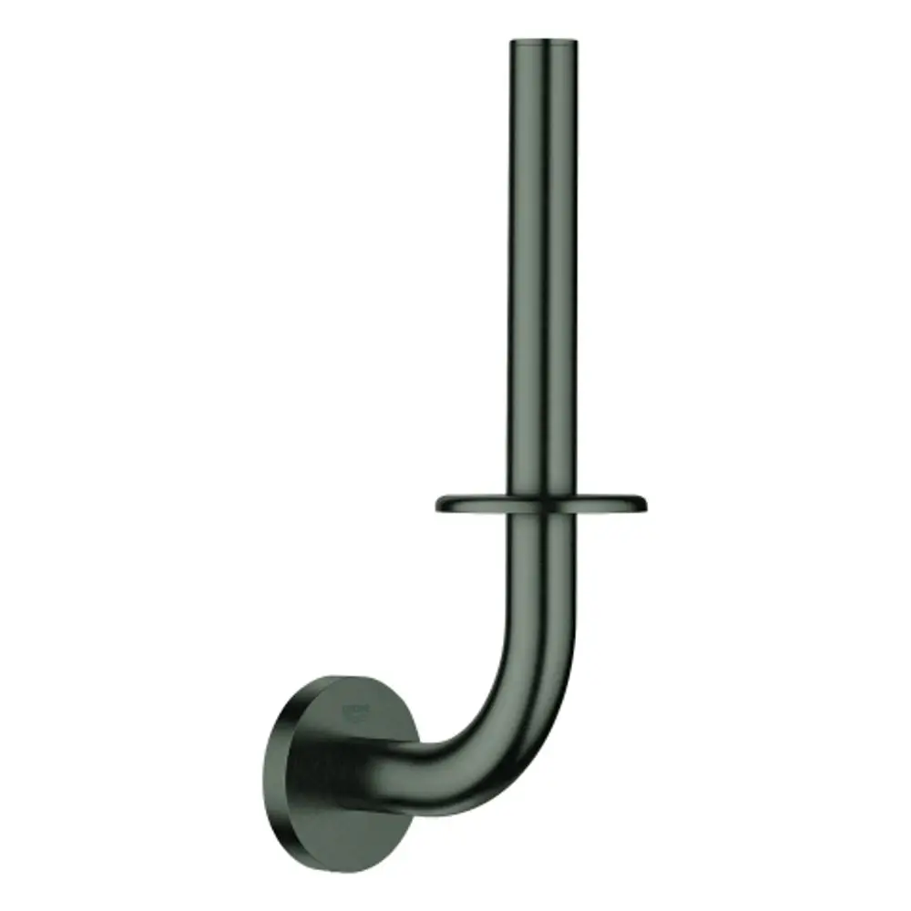 Grohe Papierhalter aus Metall in Schwarz, wandmontiert mit runder Wandplatte und vertikalem Rohr, um Toilettenpapier zu halten.