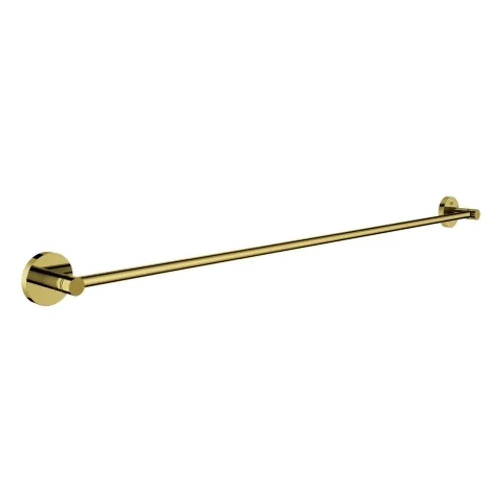 Goldfarbener Badetuchhalter von Grohe mit zwei Halterungen. Das Design ist schlicht und besteht aus einem langen, geraden Stab, der an zwei runden Wandanschlüssen befestigt ist.