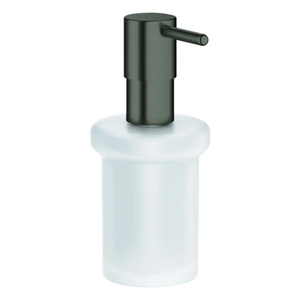 Weißer Seifenspender mit schwarzem Pumpenkopf von Grohe, gefertigt aus einem matten Material. Der Spender hat eine runde Form und eine stabile Basis.