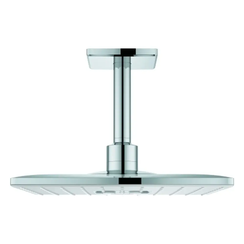 Grohe Kopfbrause in quadratischer Form mit glänzender Oberfläche und angeschlossenem Halterungssystem zur Deckenmontage.
