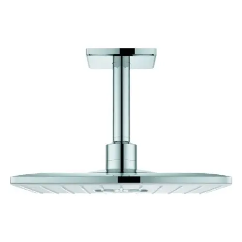Grohe Kopfbrause in quadratischer Form mit glänzender Oberfläche und angeschlossenem Halterungssystem zur Deckenmontage.
