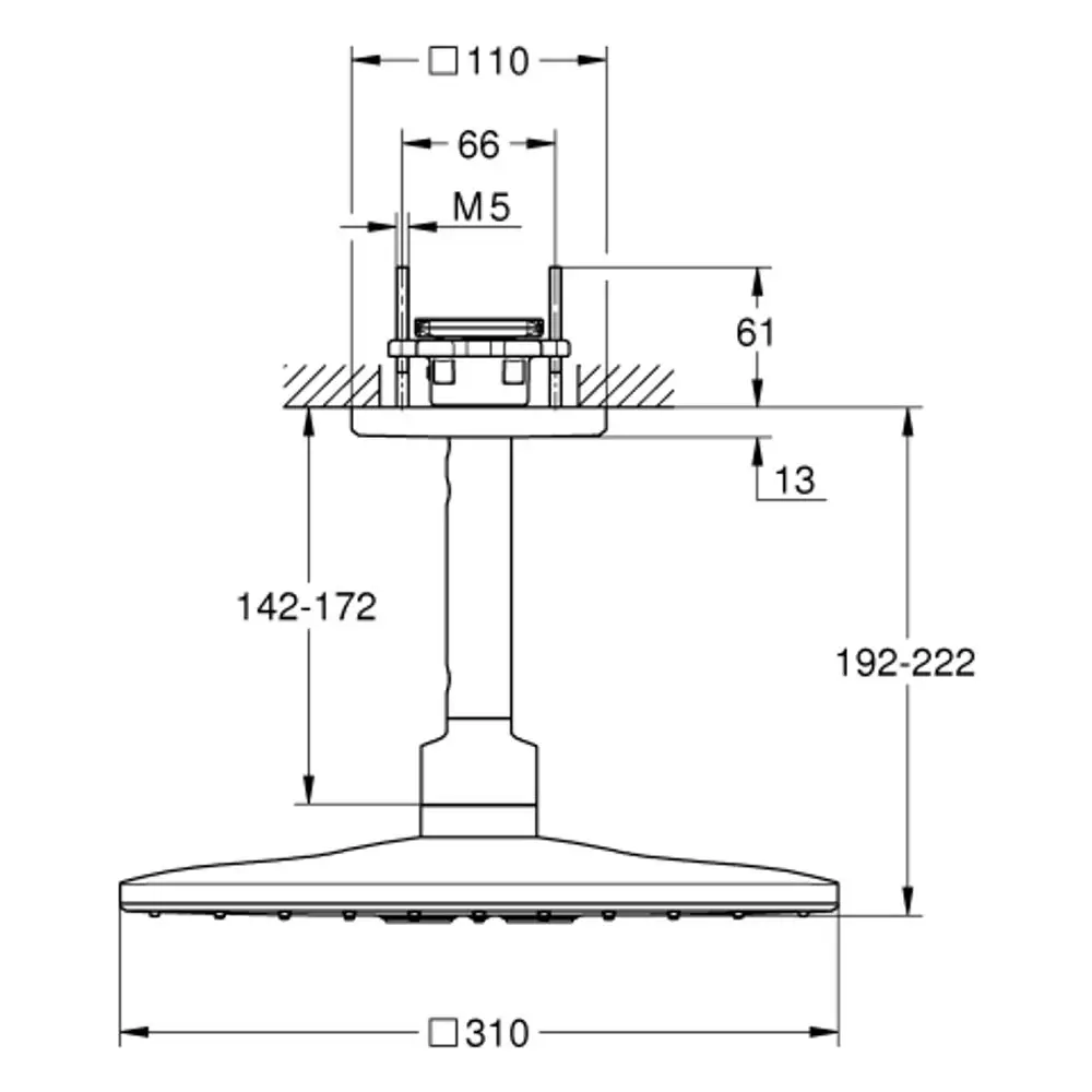 Weißes Duschkopfset von Grohe mit runder Kopfbrause, montiert auf einem verstellbaren Standfuß, dargestellt in technischer Skizze. Maße sind schematisch angegeben.