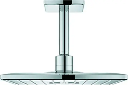Hängende, quadratische Kopfbrause aus verchromtem Material mit einer mittigen Halterung von Grohe, sichtbar in einem minimalistischen Design.