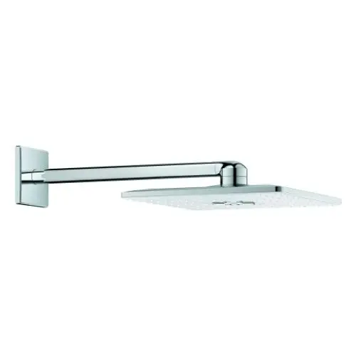 Kopfbrause von Grohe mit quadratischem Brausekopf, montiert an einem kurzen, waagerechten Arm. Das Design zeigt eine schlichte, moderne Ästhetik.