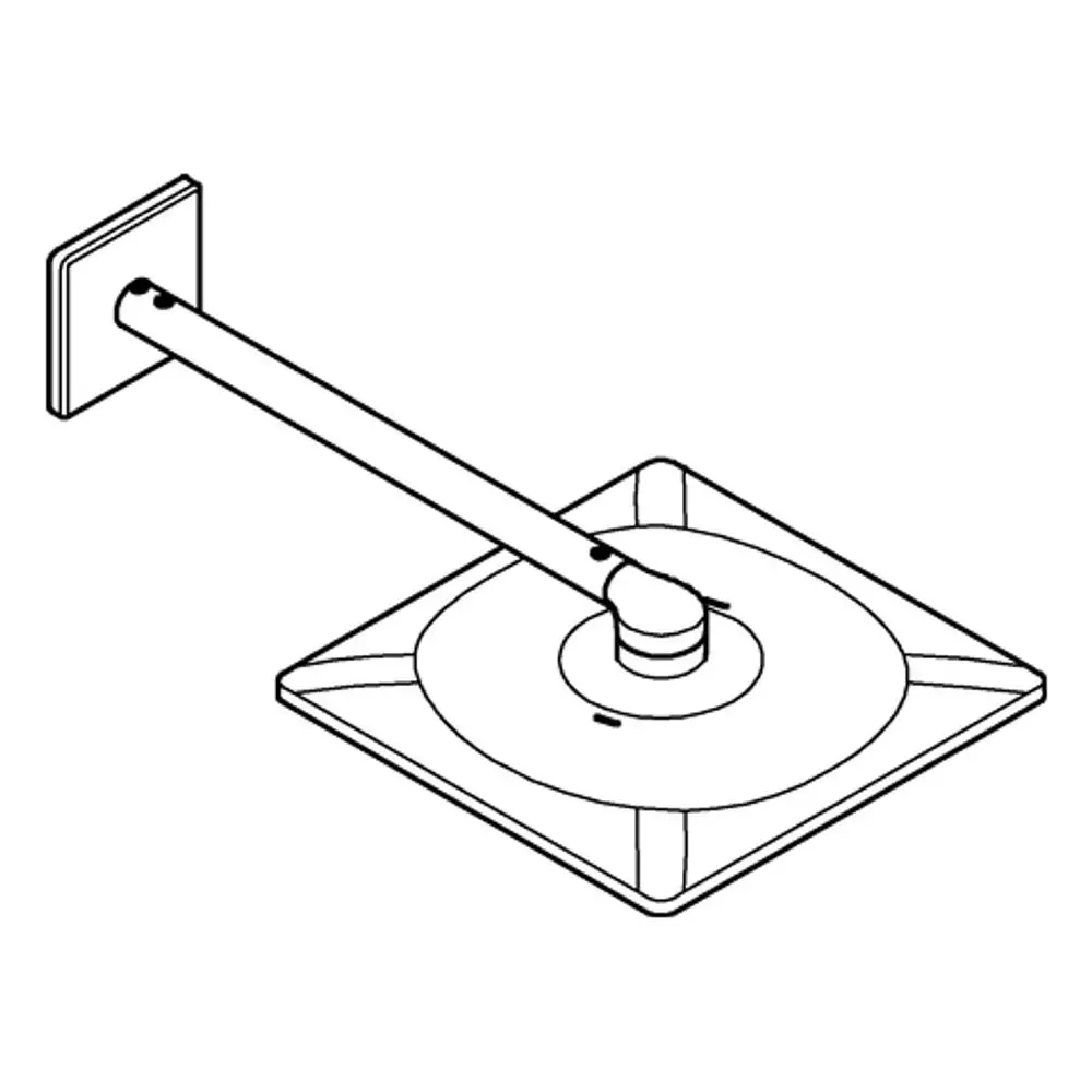 Weißes Wandmontageset von Grohe mit einer quadratischen Basis und einem langen Arm, der eine Runddusche hält. Einfaches Design ohne erkennbare spezifische Maße.