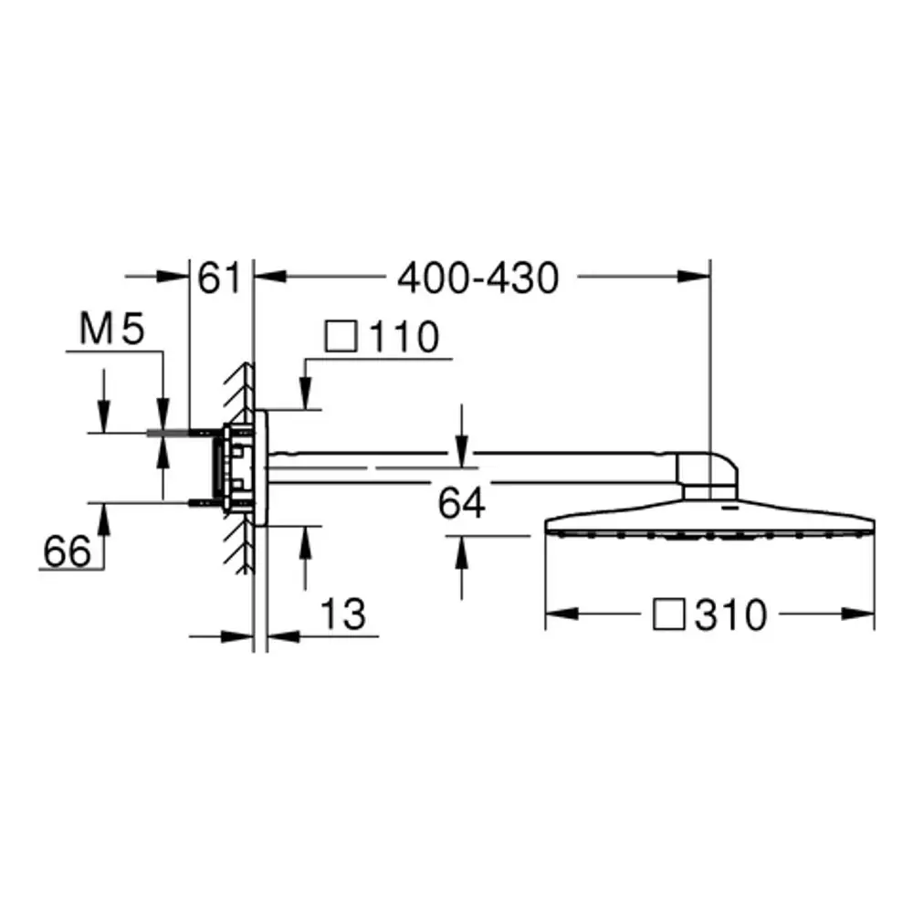 Grohe Kopfbrause mit einer runden, flachen Duschfläche und einem Arm, der die Brause an der Wand befestigt. Maße und Details sind im technischen Zeichnungsstil dargestellt.