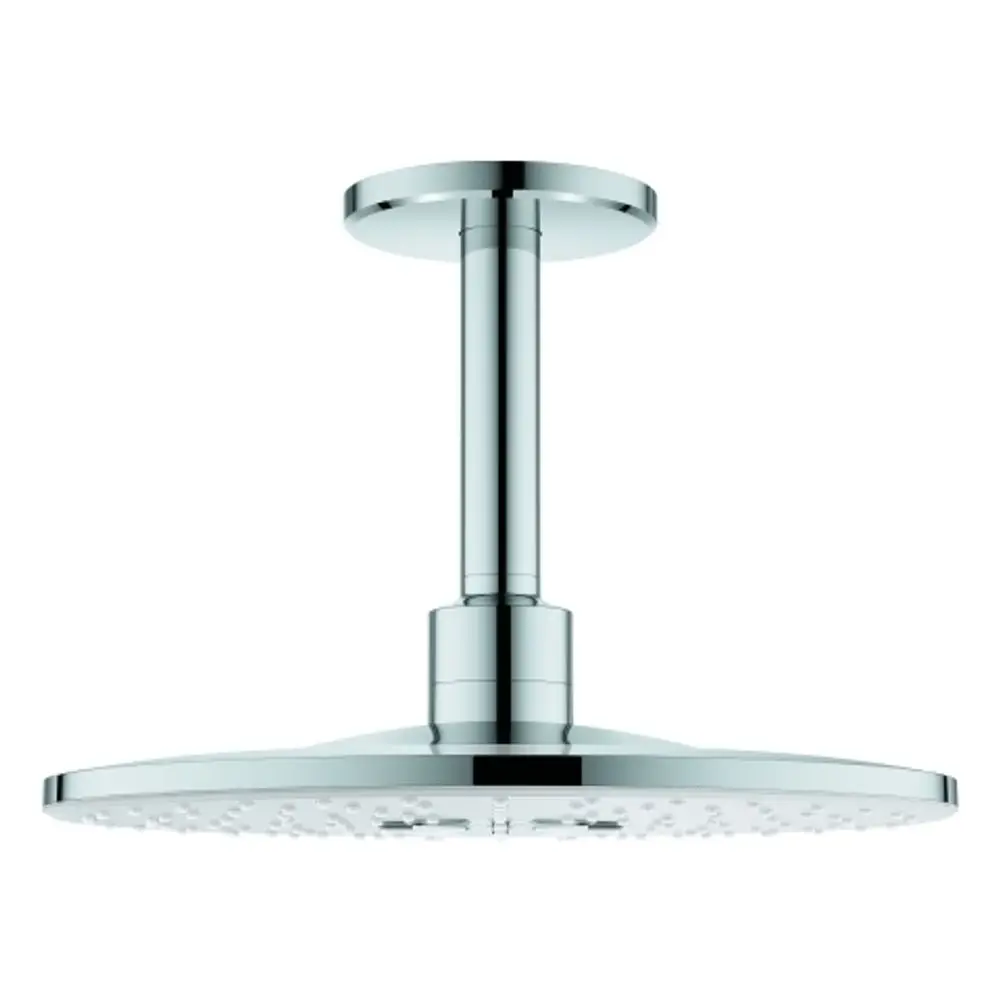 Grohe Kopfbrause mit runder, flacher Duschfläche und zentralem Anschluss. Ausführung in gebürstetem Metall, geeignet für Deckeneinbau.