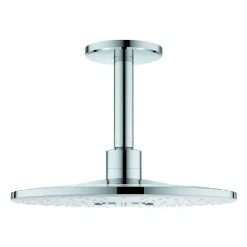 Grohe Kopfbrause mit runder, flacher Duschfläche und zentralem Anschluss. Ausführung in gebürstetem Metall, geeignet für Deckeneinbau.