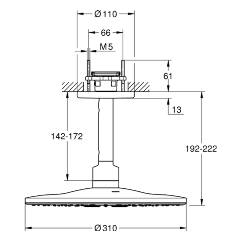 Detaillierte technische Zeichnung einer GROHE Kopfbrause mit festem Wandanschluss und abgerundeter, großer Kopfbrausefläche, die für eine deckenmontierte Installation konzipiert ist.