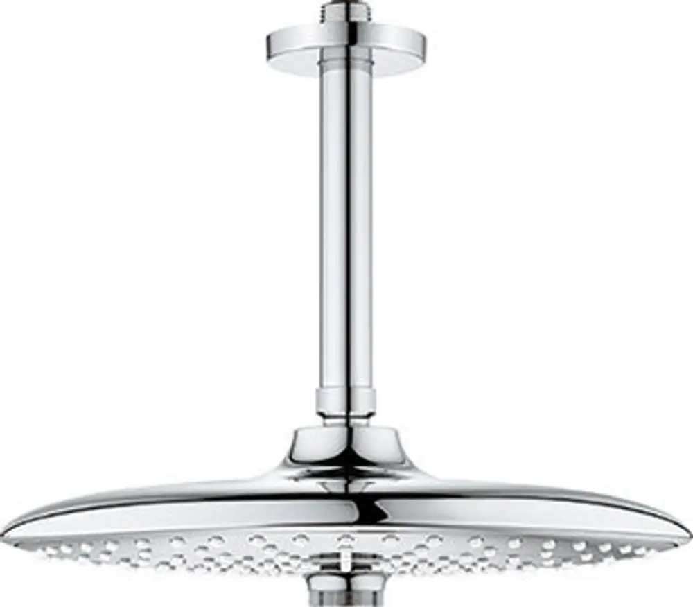 Grohe Kopfbrause in chrom mit einem flachen, runden Design und einer zentralen Wasserauslassöffnung. Die Struktur enthält zahlreiche kleine Düsen für eine gleichmäßige Wasserverteilung.