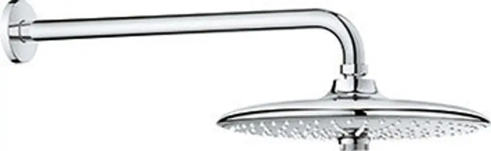 Grohe Kopfbrause mit einer runden, glatten Oberfläche und einer langen Halterung, die an der Wand montiert ist. Die Brause hat eine flache Form mit vielen kleinen Wasseröffnungen.