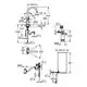 Diagramm einer Grohe Armatur mit Auslauf und Boiler. Technische Zeichnung zeigt Maße, Anschlüsse und Gelenkmechanik. Details wie Durchmesser und Winkel sind angegeben.