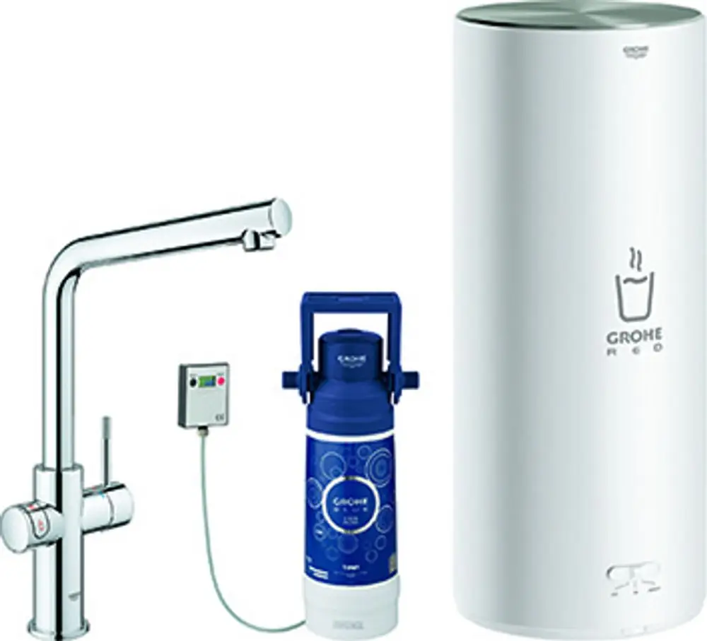 Armatur mit einem hohen Auslauf und zwei Bediengriffen, kombiniert mit einem weißen Boiler und einem blauen CO2-Zylinder von Grohe.