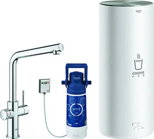 Armatur mit einem hohen Auslauf und zwei Bediengriffen, kombiniert mit einem weißen Boiler und einem blauen CO2-Zylinder von Grohe.