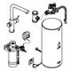 Schematische Darstellung einer GROHE Armatur mit zugehörigem Boiler, inklusive Anschlussdetails, Rohre und Armaturen für die Wasserzufuhr und -abfuhr.