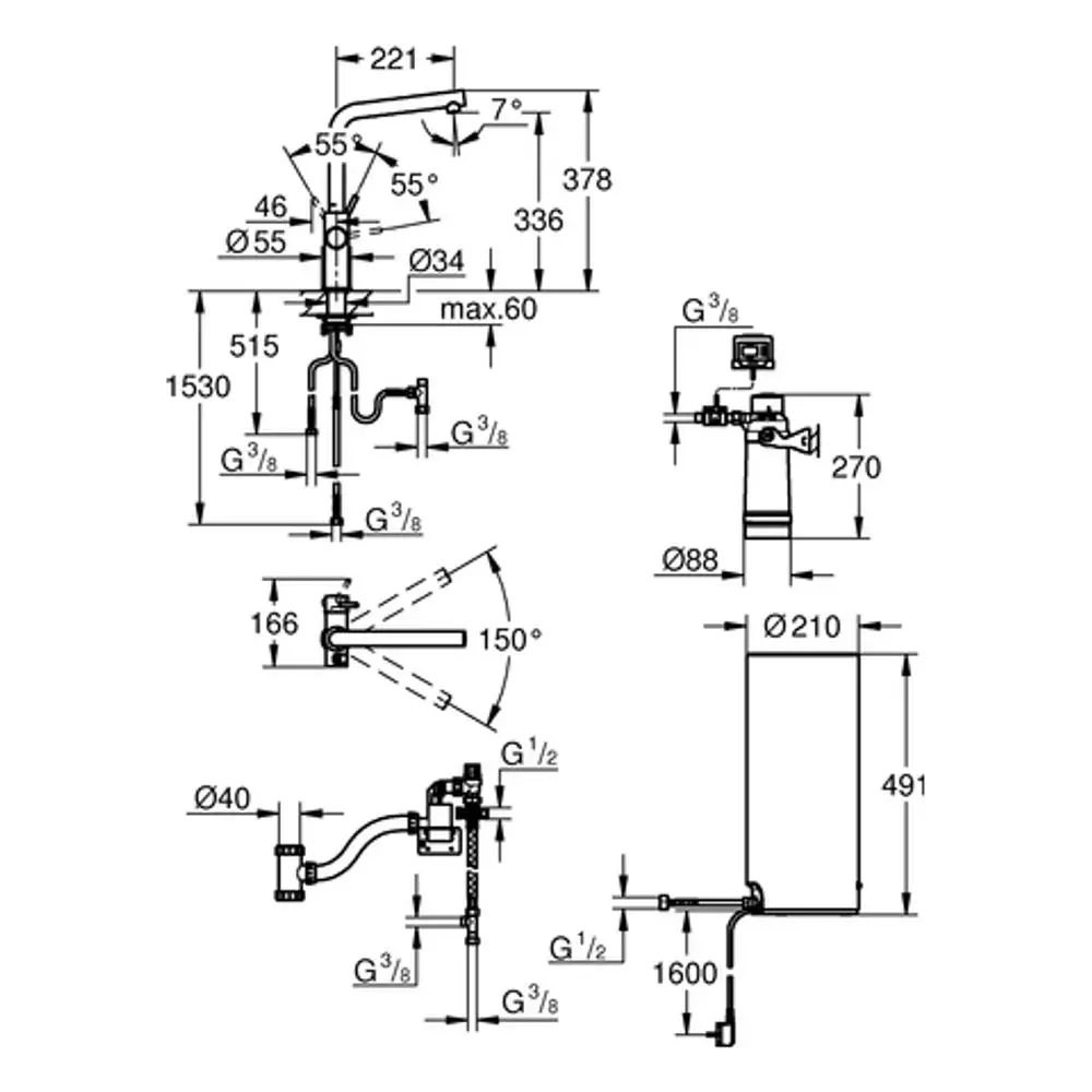 Technisches Diagramm einer Grohe Armatur mit integrierter Heizungsboiler. Es sind verschiedene Maße und Anschlussdetails skizziert, einschließlich Rotationsbewegungen.