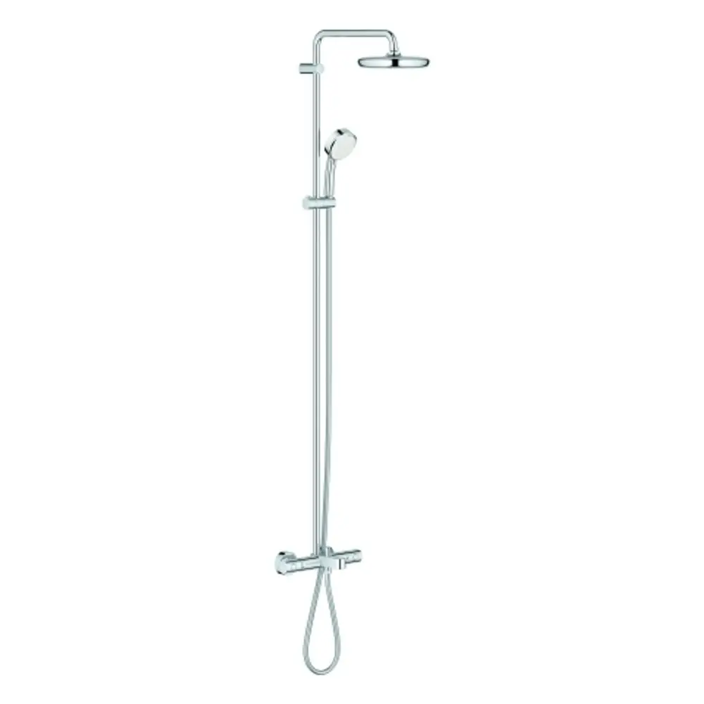 Duschsystem aus verchromtem Material mit Kopf- und Handbrause, Thermostat-Armatur und Wandmontage, hergestellt von Grohe.
