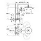 Duschsystem von Grohe mit Handbrause und Kopfbrause, inklusive Wannenbatterie. Technische Zeichnung mit Maßen und Anordnung der Komponenten.