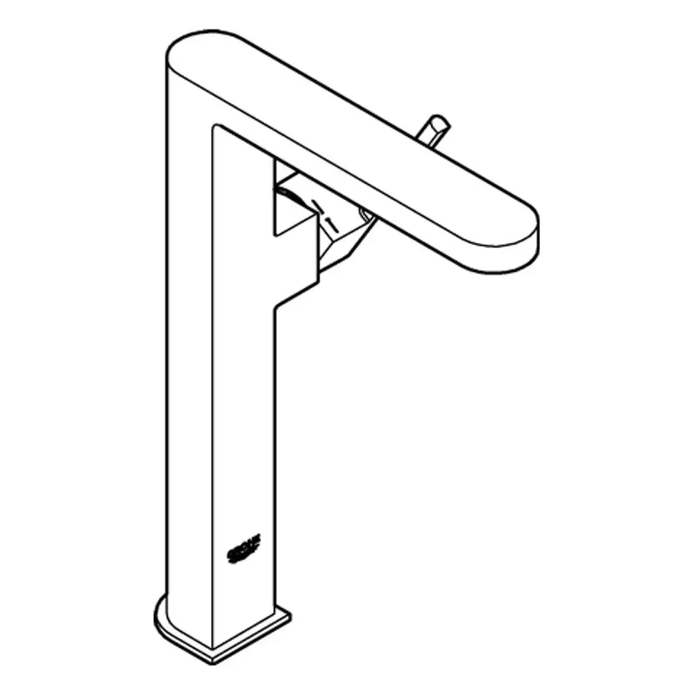 GROHE-Waschtischbatterie in minimalistischer, gerader Form mit einem langen, flachen Hebel und quadratischem Sockel, in gebürsteter Graphit-Optik.