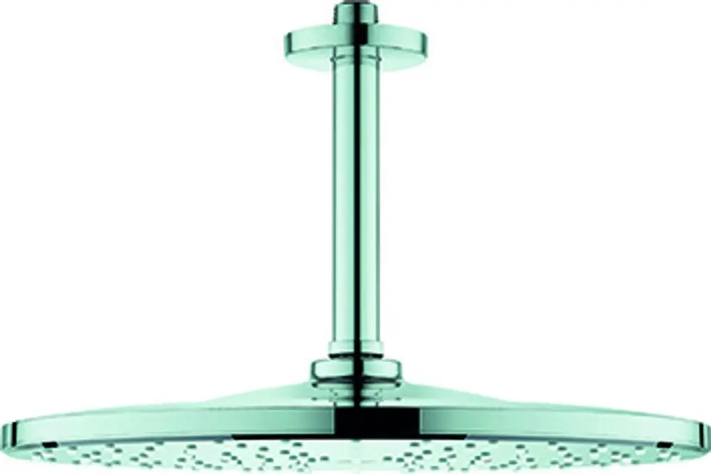 Grohe Duschkopf mit flacher Oberfläche und zentralem Auslass. Metallische Oberfläche, montiert an einer vertikalen Halterung.