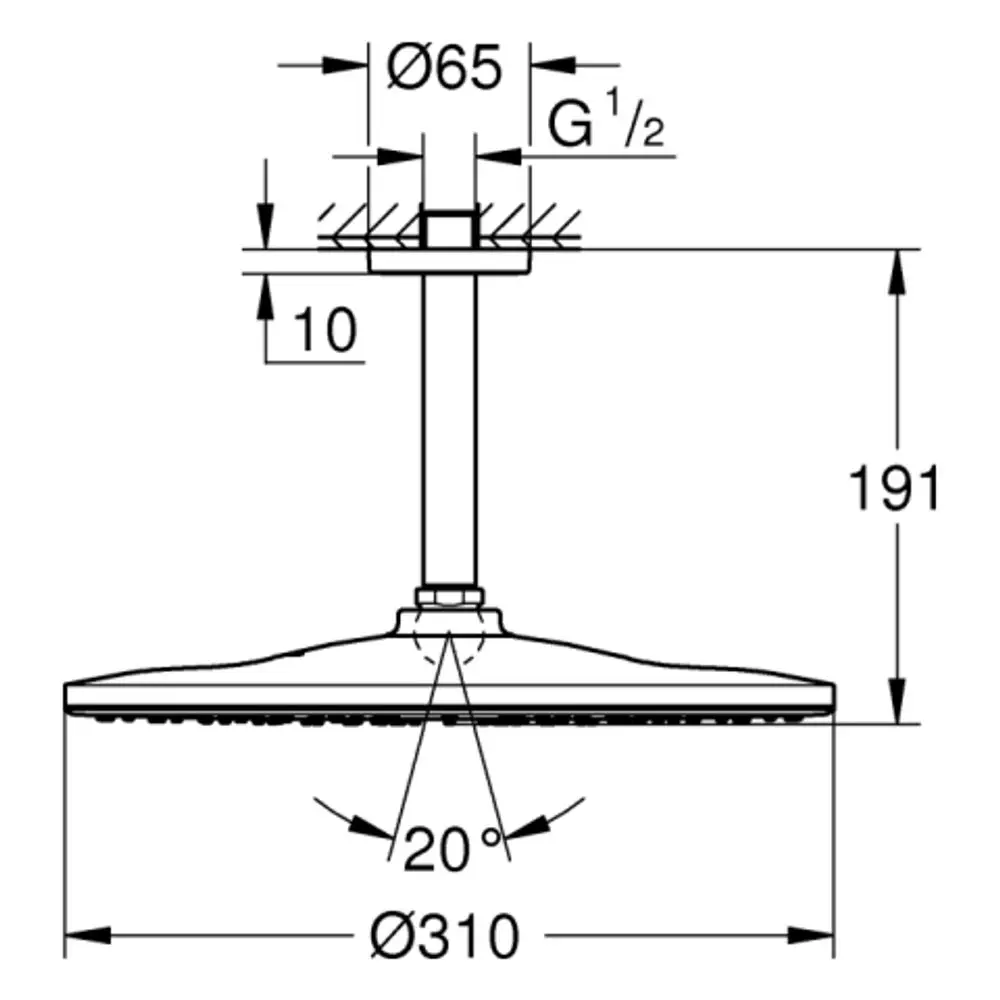 Grohe Kopfbrause mit runder, flacher Oberfläche, montiert auf vertikalem Arm. Das Design zeigt einen Deckenauslass und eine gleichmäßige Wasserverteilung.
