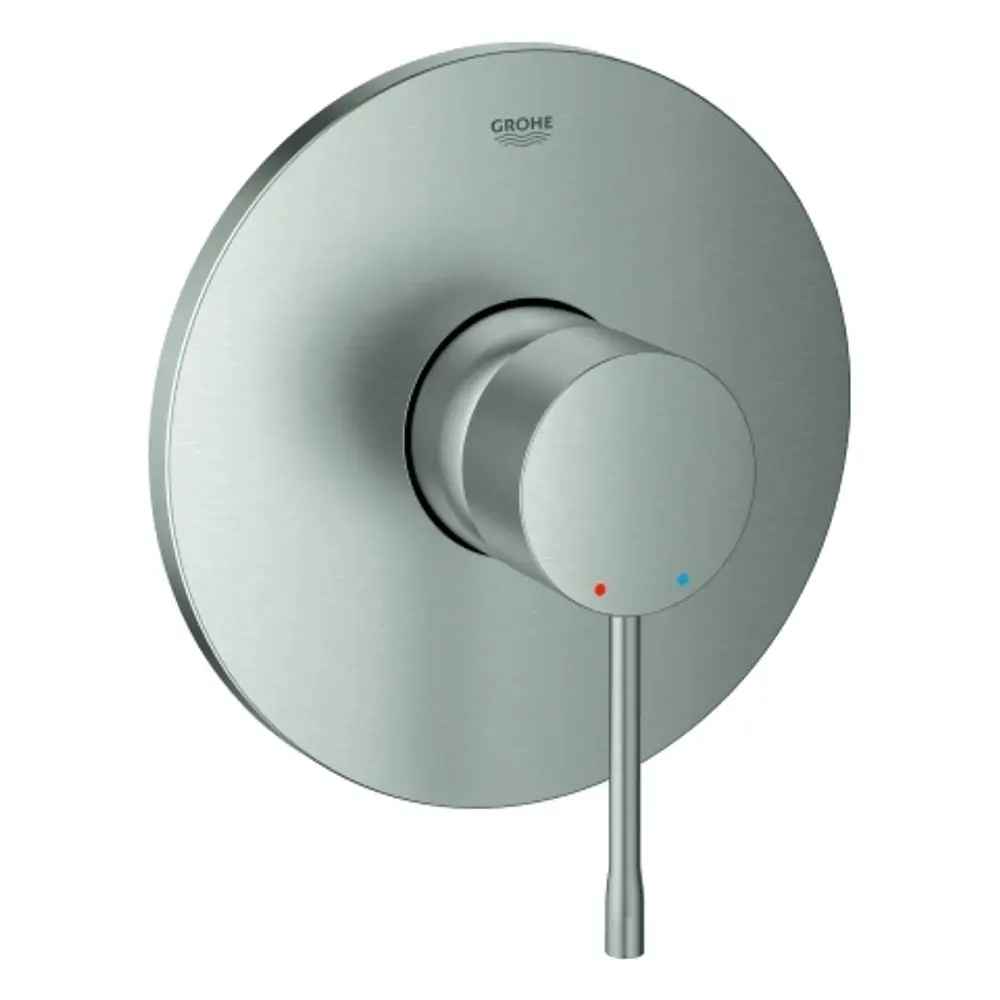 GROHE Wandarmatur in supersteel mit rundem Design und einem Steuergestell, das eine Heiz- oder Brausefunktion ermöglicht. Rotes und blaues Farbsymbol für Temperaturanzeige.